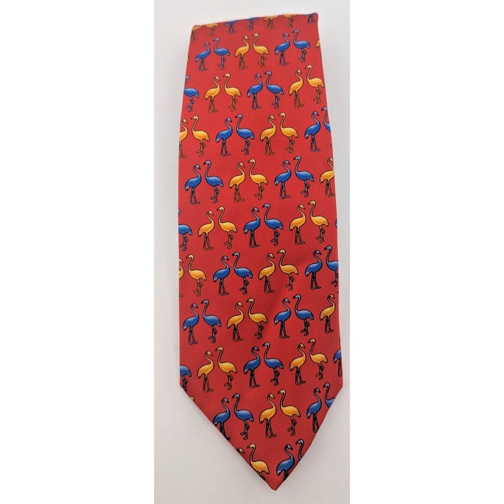 J. McLaughlin Flamingo Red, Blue Orange Made in England Print Silk Mens Neck Tie